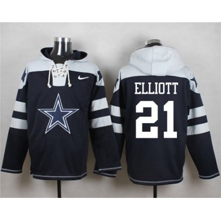 Cowboys #21 Ezekiel Elliott Navy Blue Player Pullover Hoodie